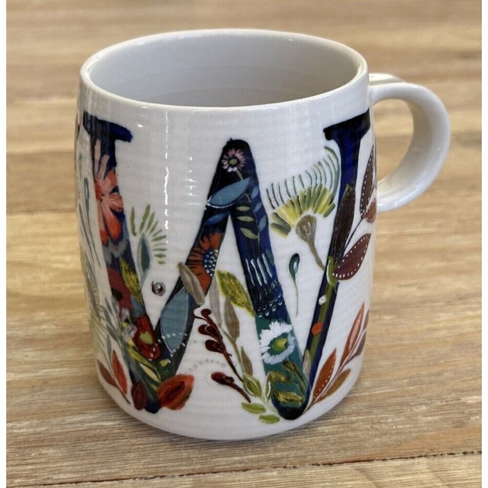 Anthropologie Starla E Halfmann Monogram Letter W Coffee Mug Cup Floral Colorful